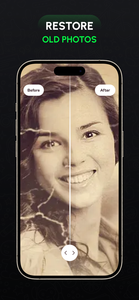 Restor: Recover Deleted Photos - A side by side comparison showing the restoration of an old damaged photo in the Restor app
