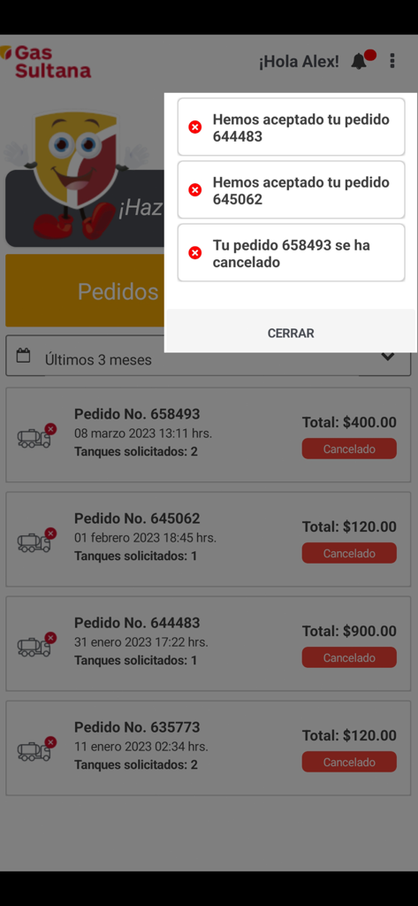 Pedidos Gas Sultana - Gas Sultana mobile app showing order history list and status notifications