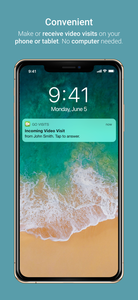 iPhone lock screen showing an incoming video visit notification from the GettingOut Visits app