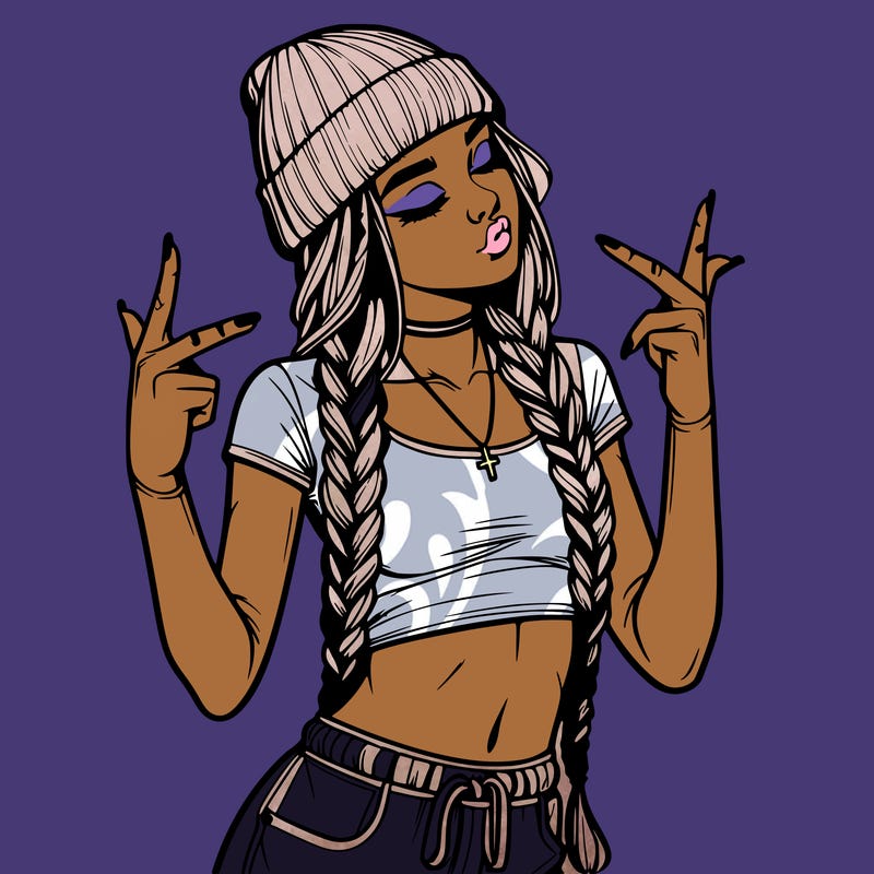 realistic teenage girl with braids and a beanie and crop top doing 🫶🏼