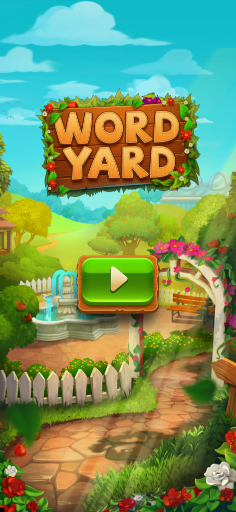 Main menu of Word Yard game with a scenic garden and play button