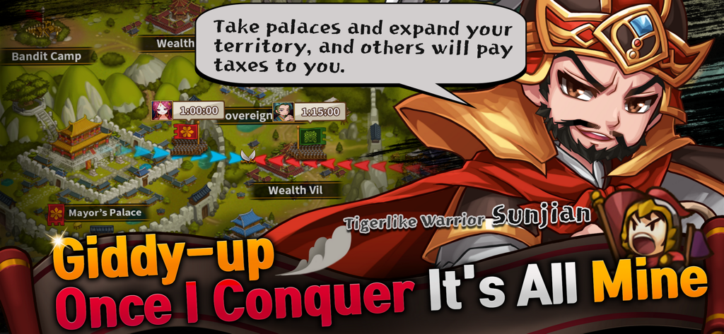 Character Sunjian on a strategy map with text about expanding territory and collecting taxes in Three Kingdoms The Shifters