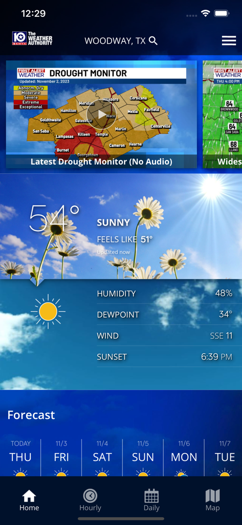 KWTX Weather app home screen showing current sunny weather and drought monitor for Woodway Texas