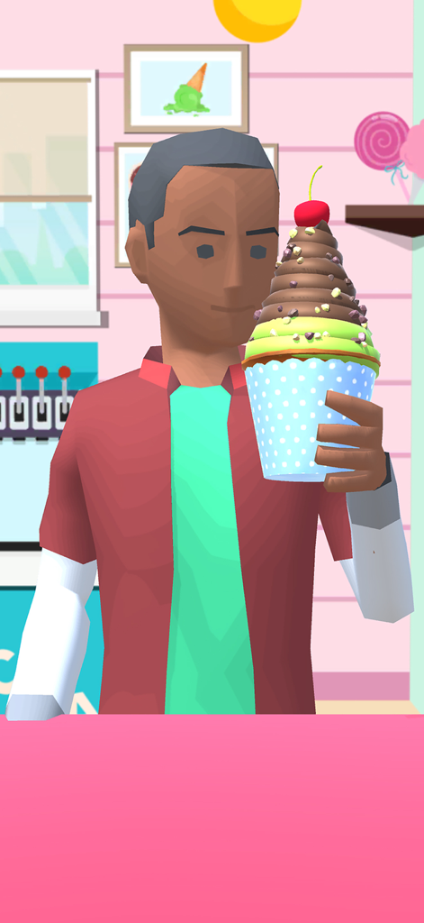 Ice Cream Inc. - A character holding a chocolate and mint ice cream sundae with a cherry in Ice Cream Inc.