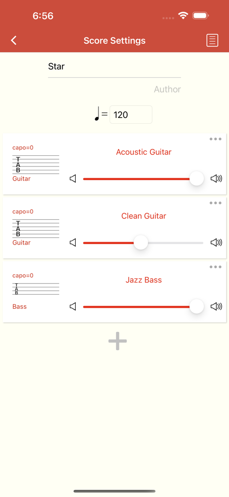 Guitar Notation - Tabs&Chords - Oberfläche für Partitur-Einstellungen in der Gitarren-Notations-App mit Mehrspur-Lautstärkereglern für Akustikgitarre, Clean-Gitarre und Jazz-Bass.
