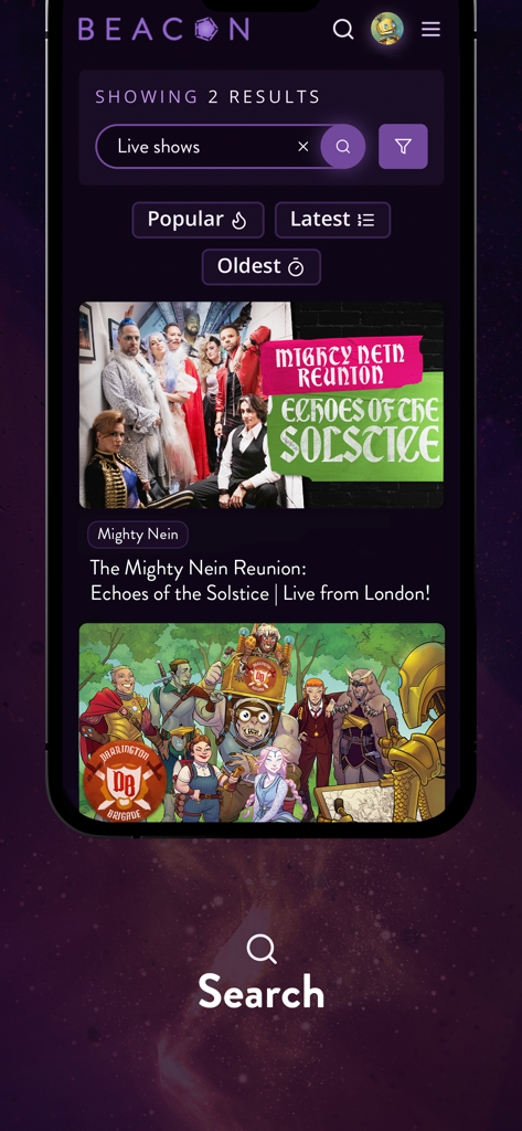 La schermata dei risultati di ricerca dell'app Pocket Beacon che mostra i risultati per gli spettacoli dal vivo.