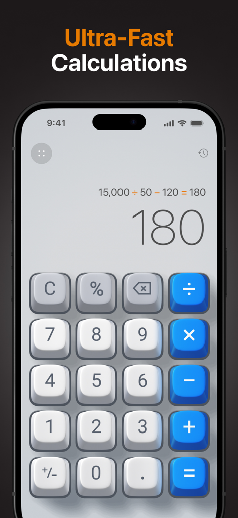 Basic Calculator with History - Basic Calculator with History app interface showing 3D buttons and a calculation result on an iPhone