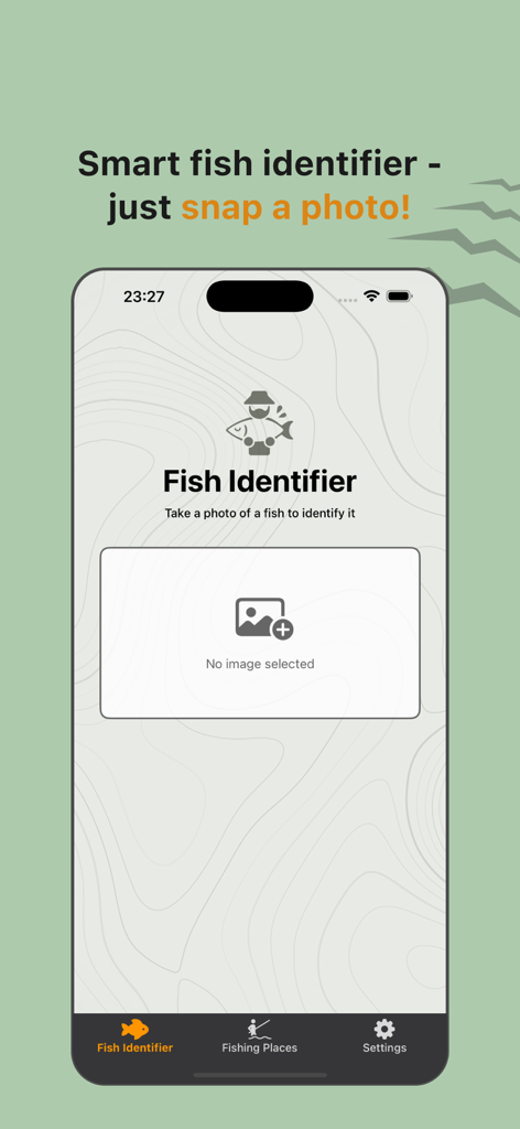 Fish Identifier & Fish Finder - Interface do aplicativo Identificador de Peixes mostrando a tela para tirar uma foto para identificação de espécies de peixes.