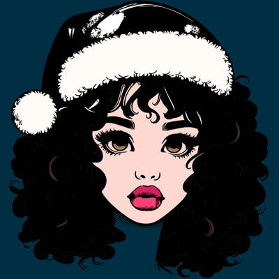 realistic girl with a santa hat curly hair and lips