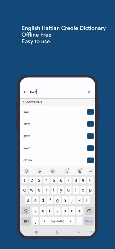 English Creole Dictionary - Search interface of the English Haitian Creole Dictionary offline mobile app showing word suggestions for the term love