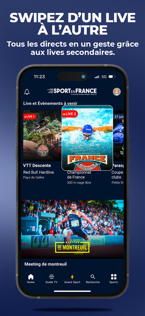 Sport en France - スマートフォン画面。Sport en Franceアプリのインターフェースで、複数のライブスポーツストリーミングオプションとチャンネルを変更するスワイプ機能が表示されています。