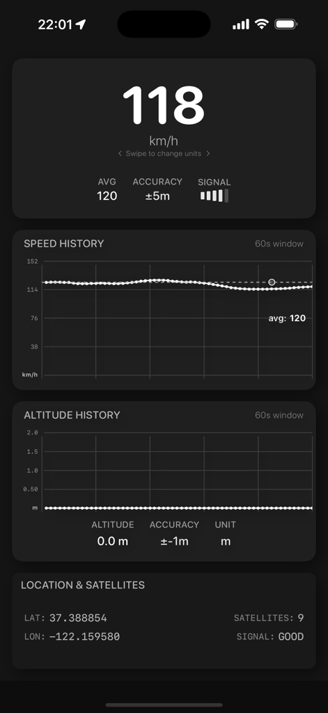 Speed Dash - Speed Dash app interface displaying real-time GPS speed history and altitude tracking