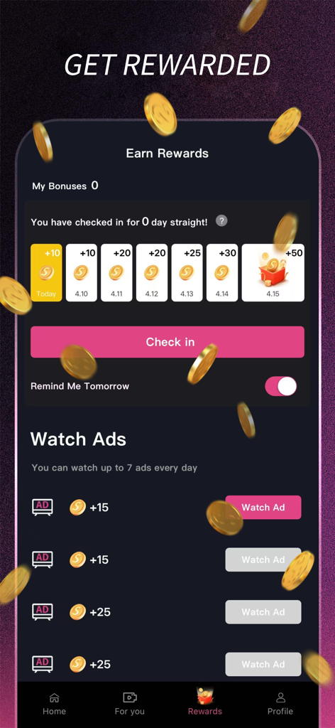 SaltyTV - SaltyTV app interface for earning rewards showing daily check in bonuses and ads to earn coins