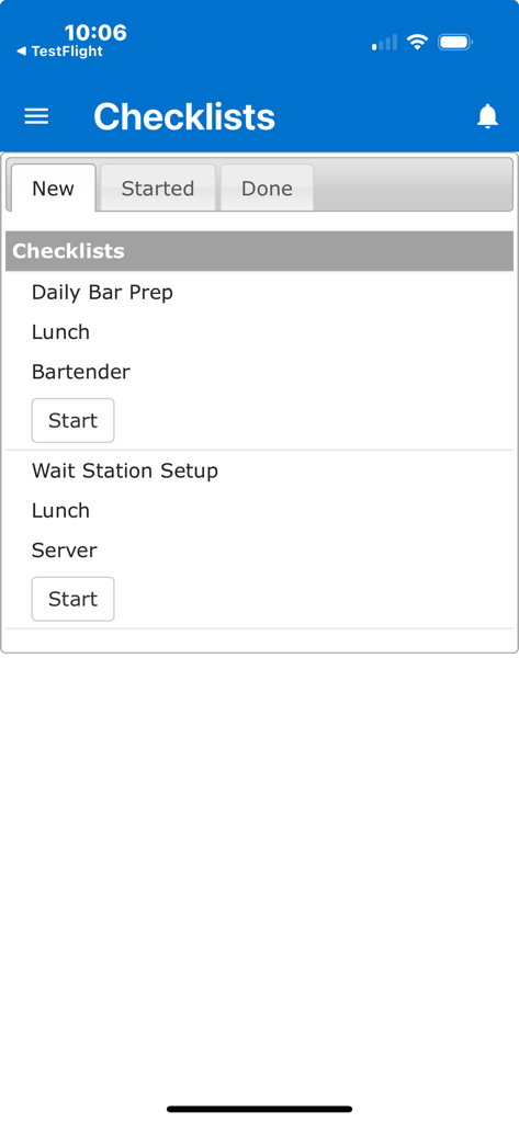 Interface of the RO Team App displaying daily restaurant operational checklists for bartenders and servers