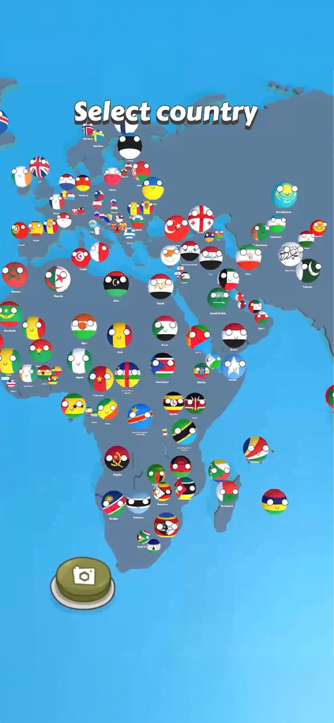 Pantalla de selección de país en Country balls Idle War 3D que muestra countryballs en un mapa mundial.