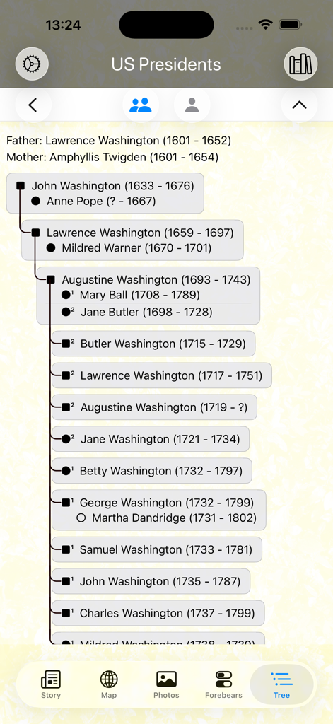 Forebears App-Oberfläche, die einen vertikalen Familienstammbaum für George Washington und seine Vorfahren anzeigt