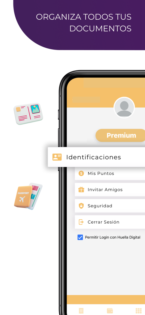 Factu - Mobile App-Oberfläche von Factu, die das Menü zur Dokumentenorganisation und die Einstellungen zur Identifizierung auf Spanisch zeigt