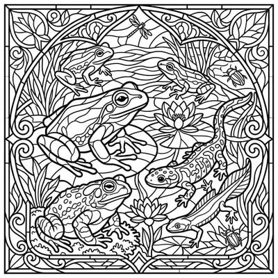 Discover a captivating Stained Glass Amphibians coloring page, where frogs, newts, and toads come to life in a mosaic of intricate lines. This unique design offers a relaxing and creatively rewarding experience for all ages.