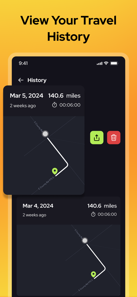 Fast Meter - GPS Speedometer - 走行距離と地図ルートを含む過去の旅行履歴のリストを表示するモバイルアプリインターフェイス。