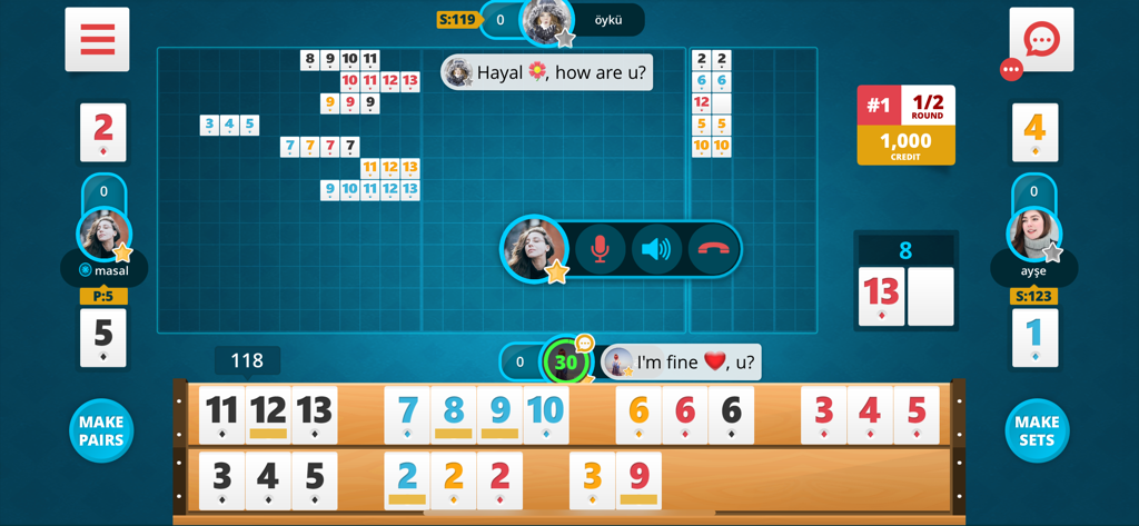 Digital board game interface of 101 Yuzbir Okey featuring social voice chat and tile management