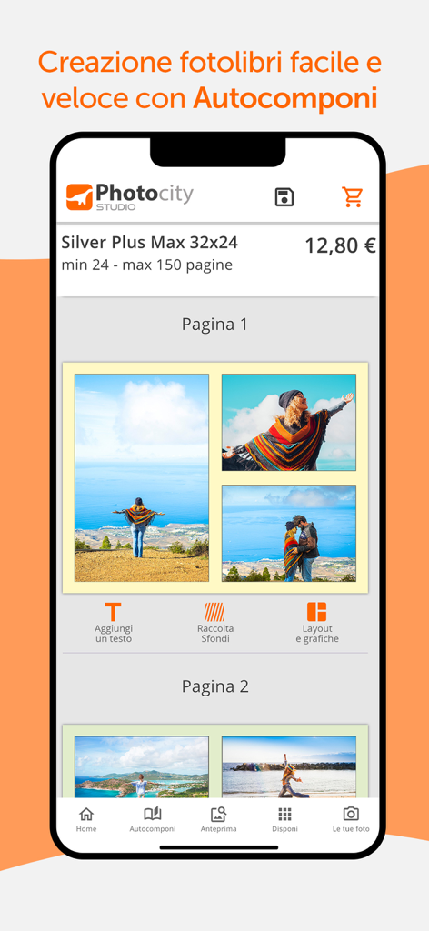 Photocity Studio - Stampa foto - Interfaccia dell'app Photocity Studio che mostra il layout e il processo di creazione di un album fotografico personalizzato