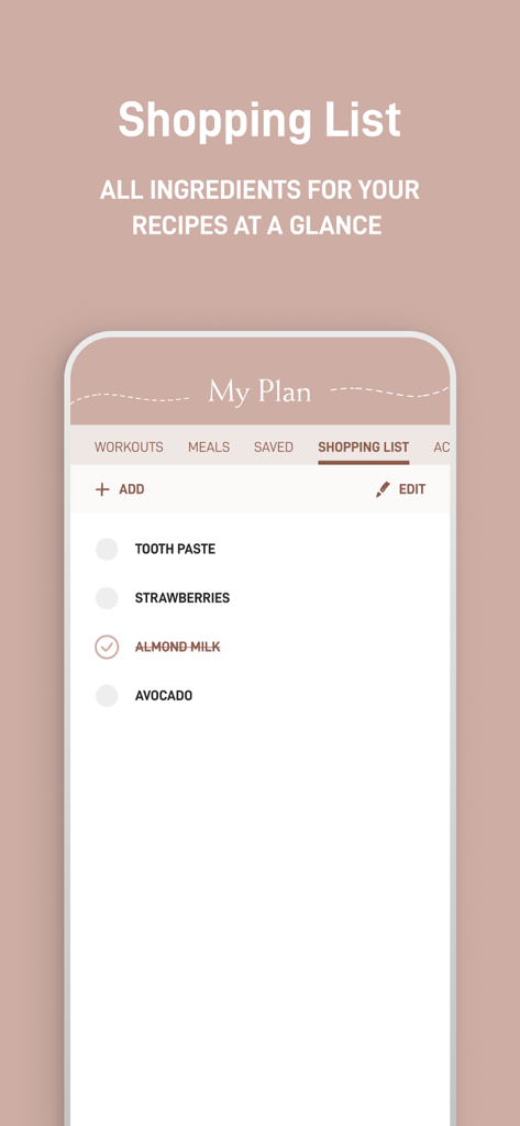 Screenshot of the shopping list feature in the Pam Fitness and Food app showing a list of grocery items like strawberries and avocado