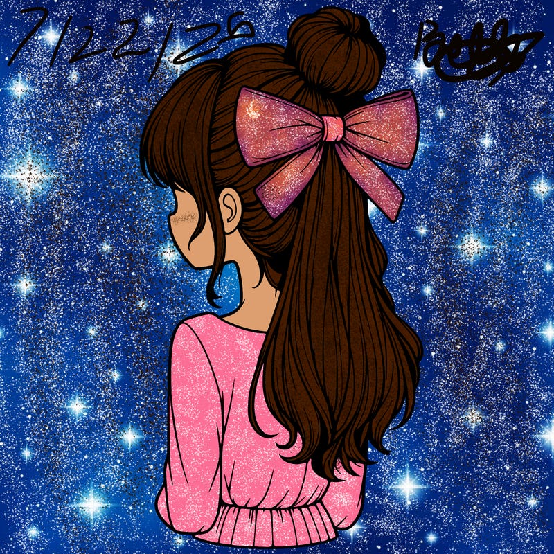 realistic girl  with hip length hair a bun and a big bow on the back of head
