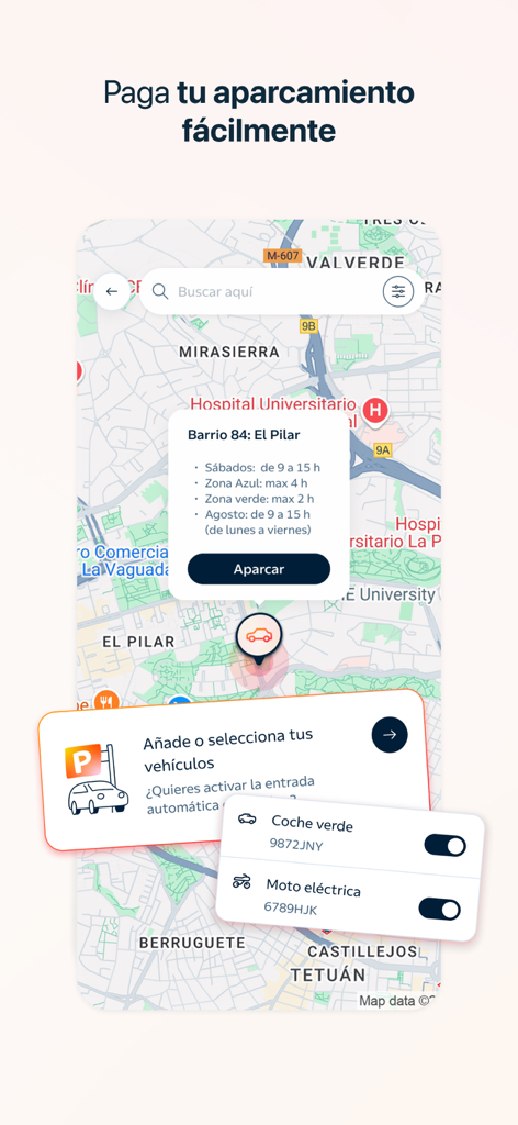 Tela do aplicativo móvel Waylet mostrando uma interface de mapa para pagamentos fáceis de estacionamento e seleção de veículos