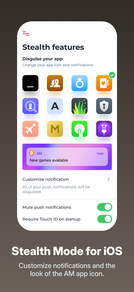 Interfaz del Modo Sigiloso de Ashley Madison que muestra opciones para disfrazar el icono de la aplicación y personalizar las notificaciones para mayor privacidad.