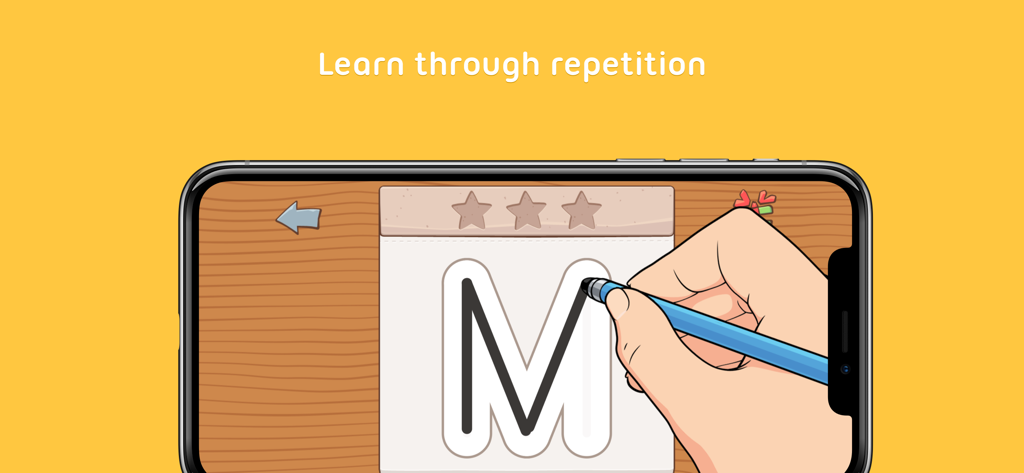 iTrace (handwriting for kids) - A hand using a stylus to trace the letter M on a smartphone screen in the iTrace handwriting app