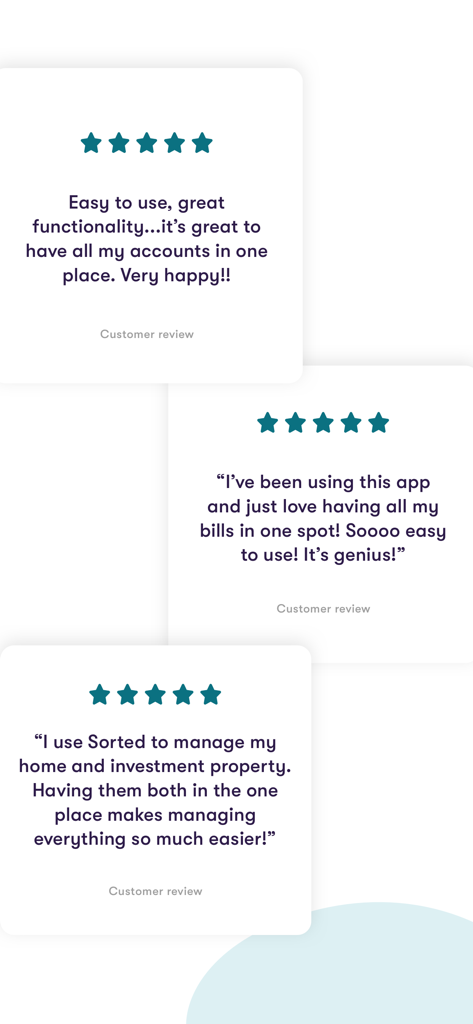 Fünf-Sterne-Kundenbewertungen für die Sorted App, die ihre Bequemlichkeit bei der Verwaltung von Rechnungen und Immobilien hervorheben.