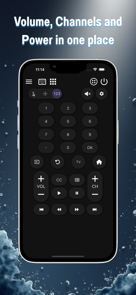 SonLink: Remote for BRAVIA TV - Interfaz de la aplicación SonLink en iPhone con teclado numérico y controles de volumen, canales y encendido para TV Sony BRAVIA