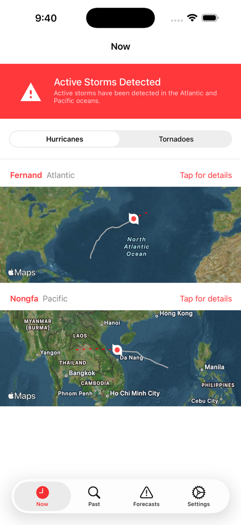 My Hurricane Tracker & Alerts - My Hurricane Tracker app interface showing active storm alerts and tracking maps for hurricanes Fernand and Nongfa