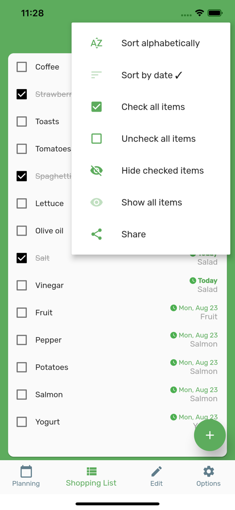 Una lista de la compra digital con un menú emergente que muestra opciones para ordenar, marcar artículos y compartir.