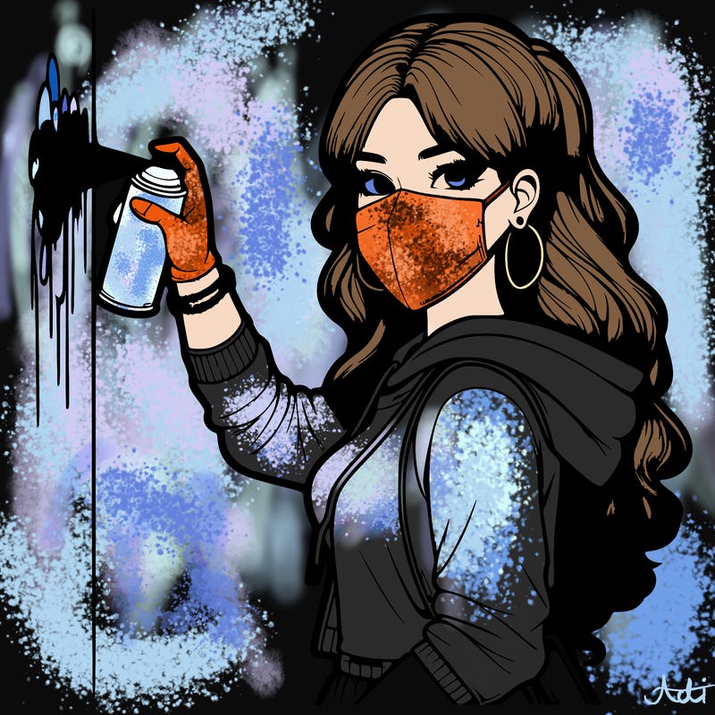 realistic girl with mask spray painting a wall