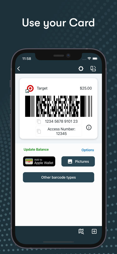 Card Manager: Digital Wallet - Digital Target gift card interface showing barcode and Apple Wallet button