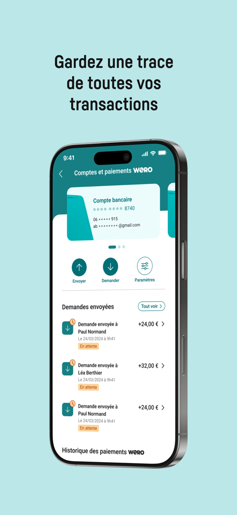 Interfaccia dell'app mobile che mostra la cronologia delle transazioni e le richieste di pagamento in CIC Pay.