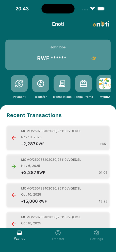 Enoti mobile app wallet screen showing recent transactions and hidden balance