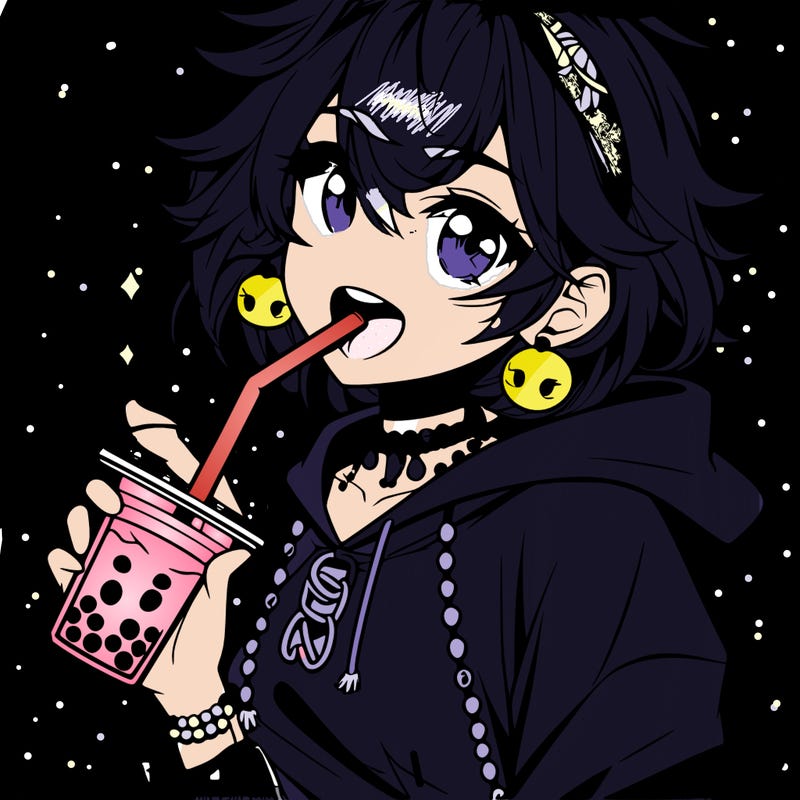 hot baddie anime girl drinking boba and biting the straw