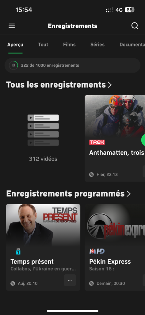 Salt TV app dashboard showing a list of saved and scheduled cloud recordings on a mobile device