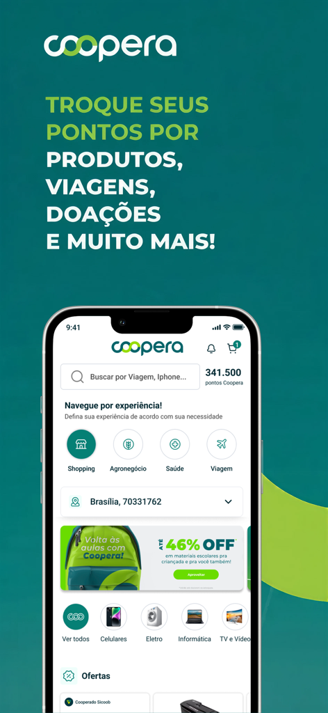 The Coopera app home screen displaying points balance and categories for shopping travel and health rewards