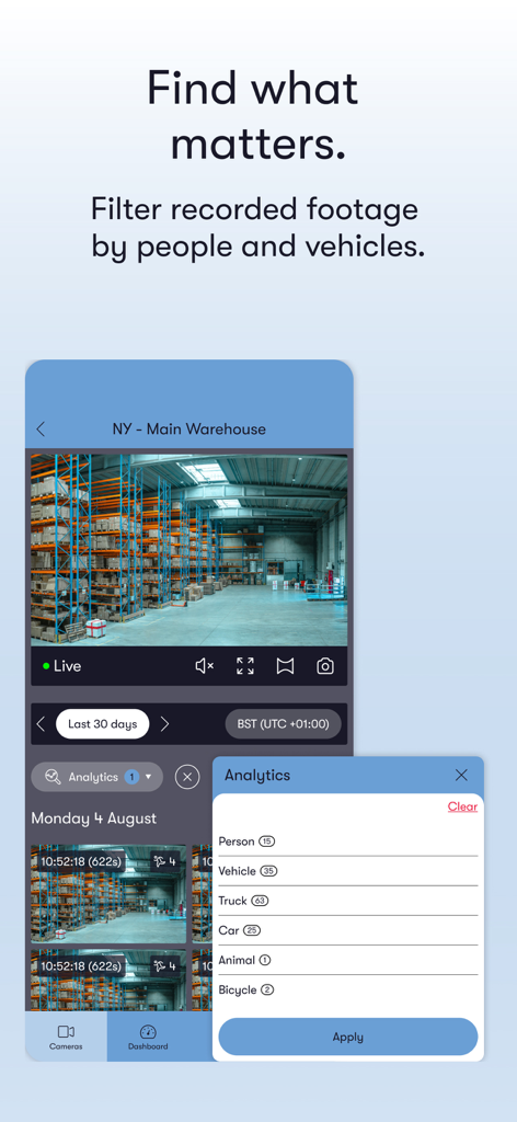 CCTV Connect app interface showing warehouse security footage with smart analytics filter options for people and vehicles