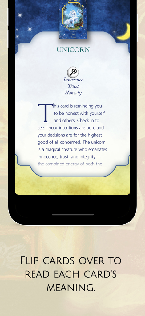 Angel Dreams Oracle Cards - Einhornkarte zeigt ihre spirituelle Bedeutung und Traumsymbole in der Angel Dreams Oracle Cards App.