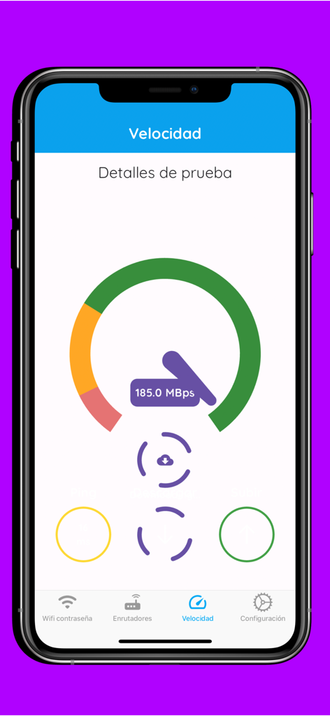 Smartphone screen displaying an internet speed test gauge showing 185 MBps in the Router Admin app