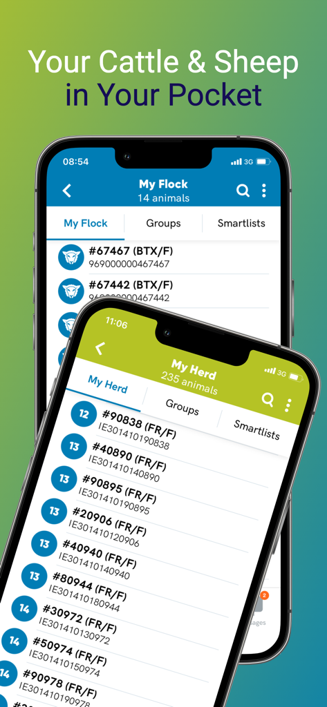 Herdwatch mobile app interface showing digital management lists for cattle and sheep.