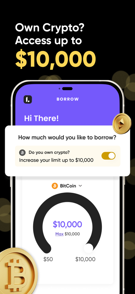 Lenme mobile app screen showing options for crypto-backed loans up to 10000 dollars