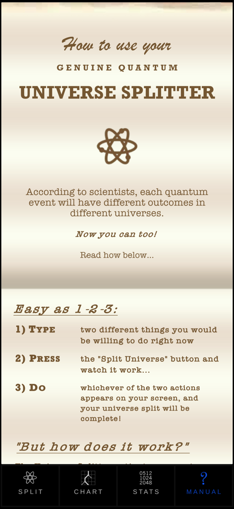 The manual screen of the Universe Splitter app explaining the three-step process to make a decision using quantum physics