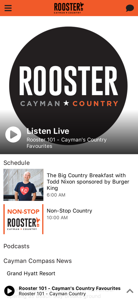 Rooster 101.9 - Écran d'accueil de l'application radio country Rooster 101.9 Cayman avec le lecteur en direct et le programme.