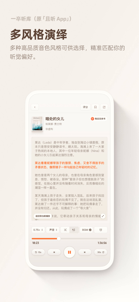 Mobile app interface of Yizu Tingku showing a book analysis screen with audio playback controls and text synchronization