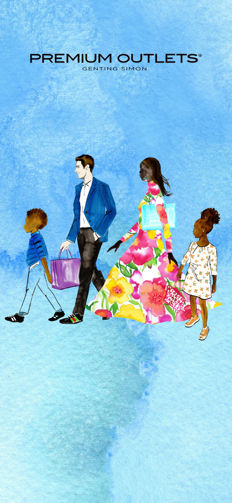 Premium Outlets Malaysia - Uma ilustração de uma família carregando sacolas de compras com o logotipo do Premium Outlets Genting Simon sobre um fundo de aquarela azul